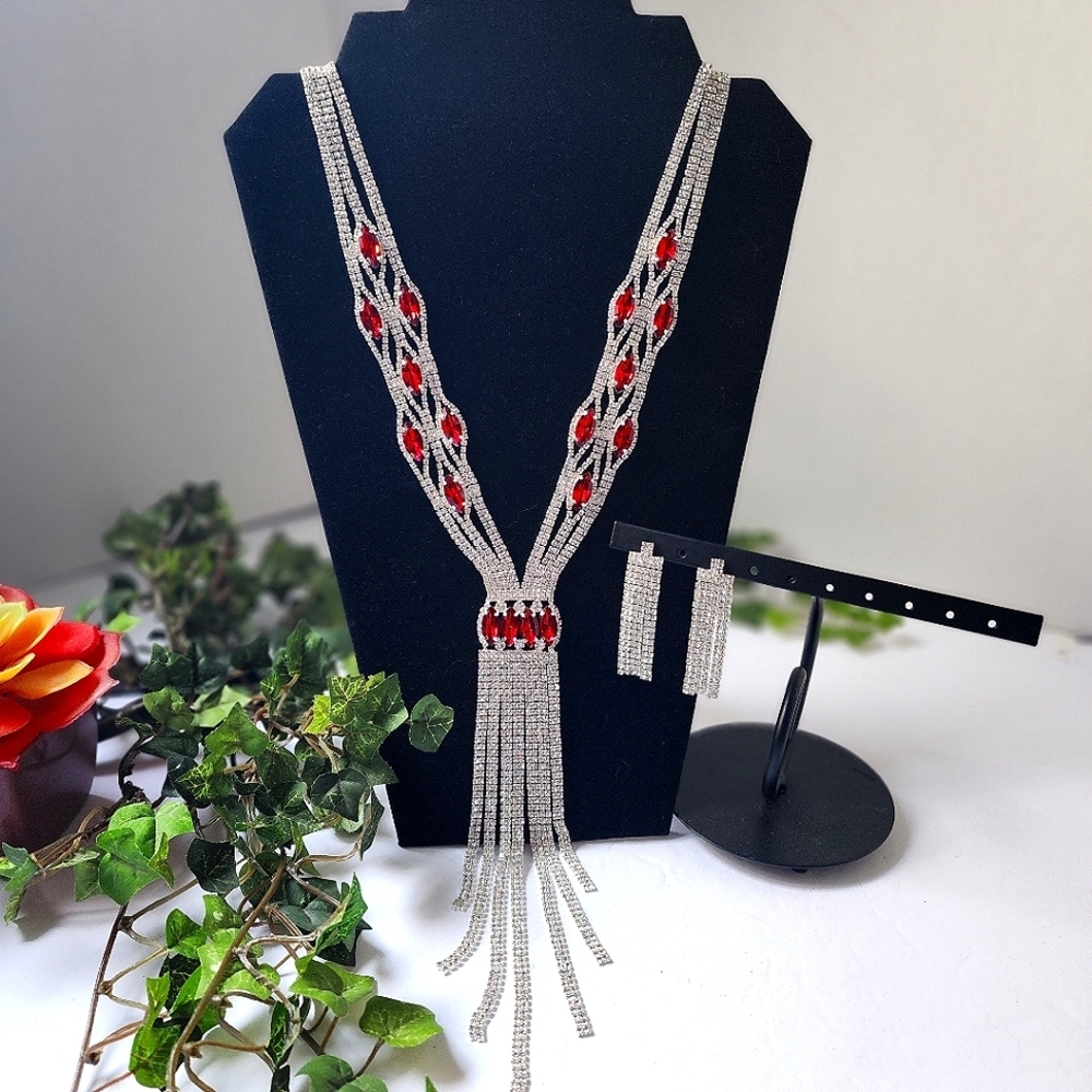 Statement Ruby Red Clear Crystal Necklace Earrings Set